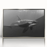 Framed wall art showcasing a stunning orca design in vibrant colors, set in a sleek silver frame, perfect for marine life enthusiasts and home decor.