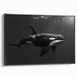 Framed canvas wall art depicting a striking orca design, showcasing vibrant marine life colors on a black background, perfect for ocean-themed decor.