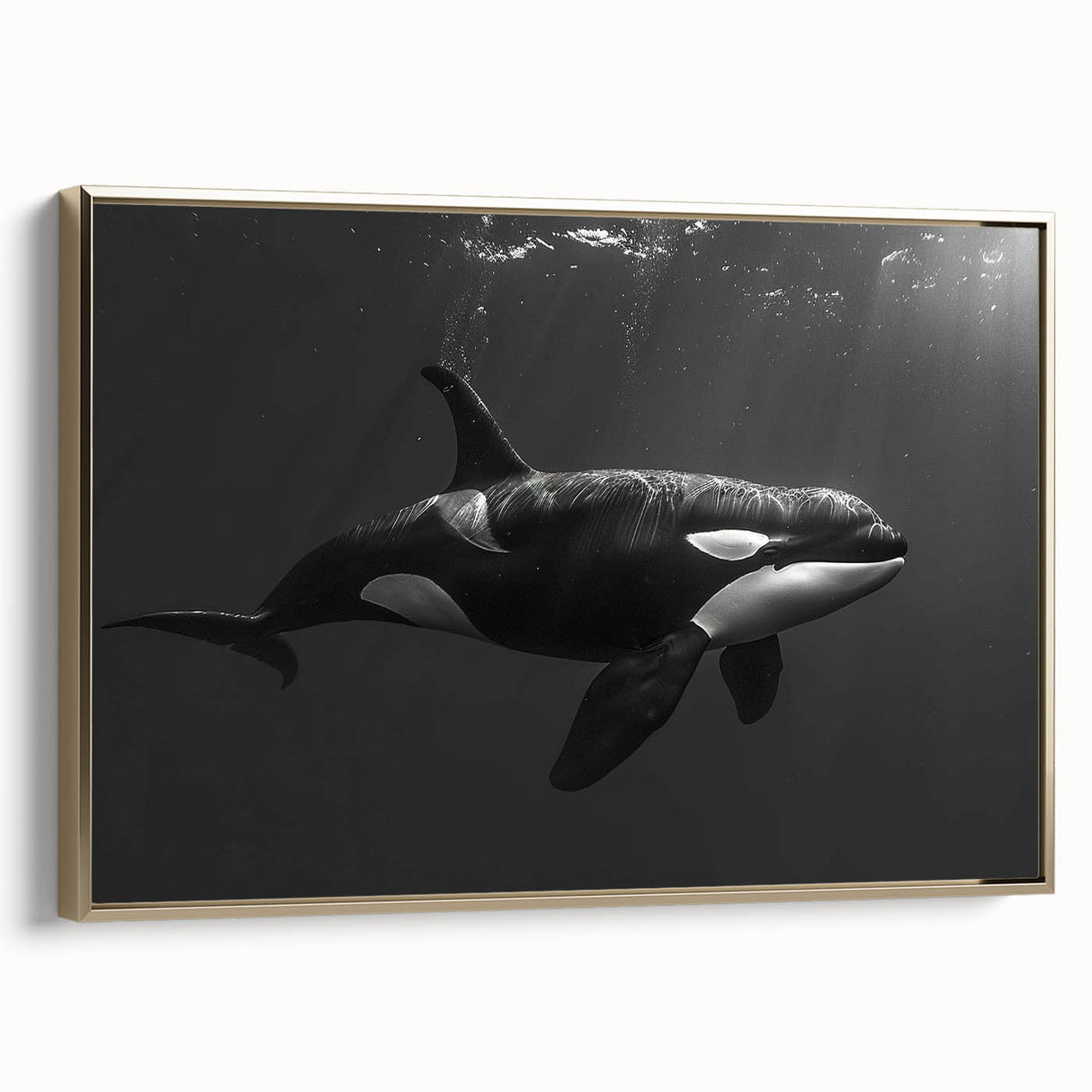 Framed canvas wall art showcasing a stunning orca design, featuring intricate marine life details and a gold frame, perfect for enhancing any coastal-themed decor.