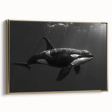 Framed canvas wall art showcasing a stunning orca design, featuring intricate marine life details and a gold frame, perfect for enhancing any coastal-themed decor.