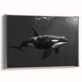 Framed wall art featuring a stunning orca design, showcasing intricate marine life details on a silver background, perfect for ocean-themed decor.