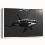 Framed canvas wall art showcasing a stunning orca design with vibrant colors, perfect for marine life enthusiasts. Features a sleek white frame, ideal for home decor.