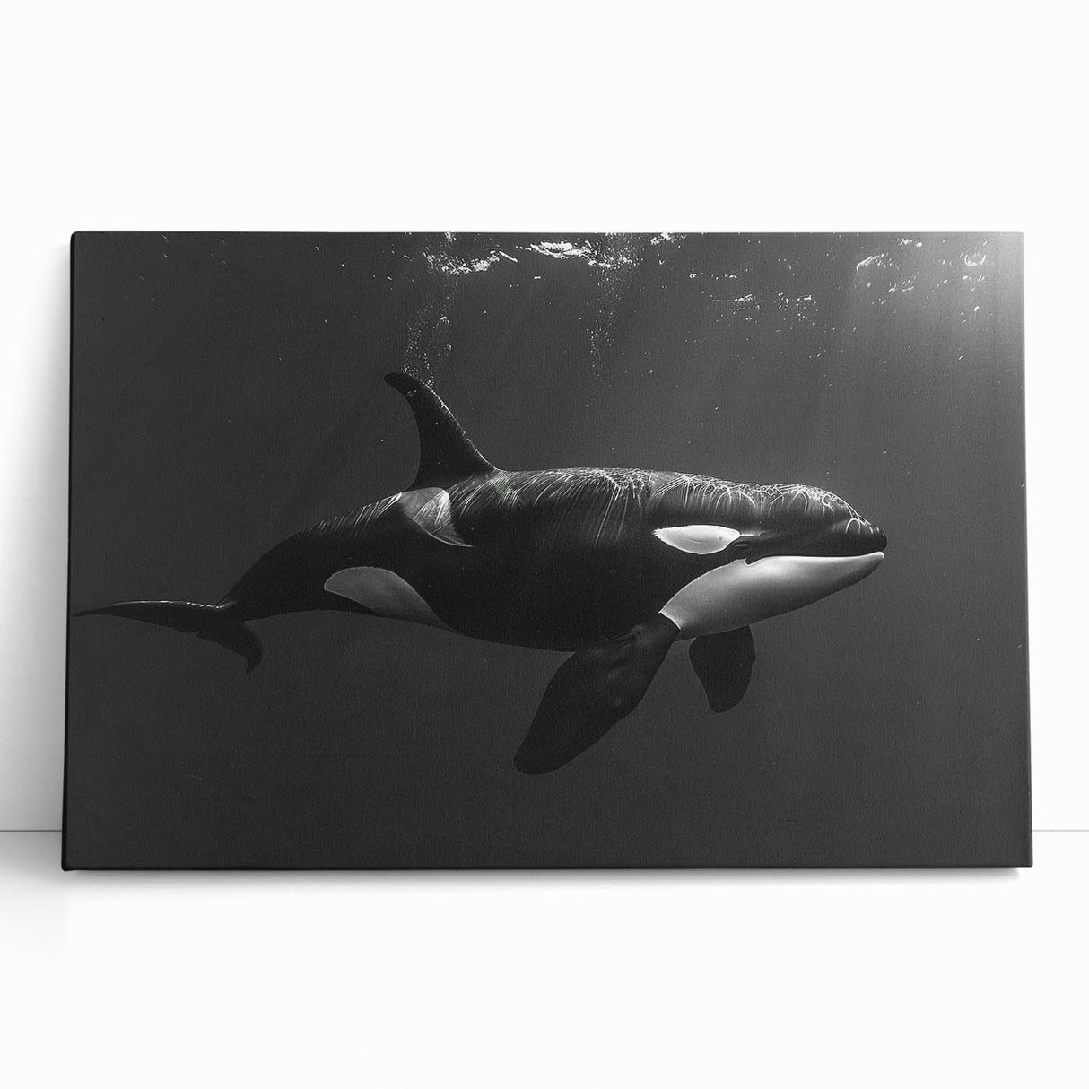 Stretched canvas wall art showcasing a vibrant orca design, featuring detailed marine life elements, perfect for ocean-themed decor in any setting.