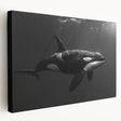Orca wall art design on stretched canvas showcasing vibrant marine life colors, perfect for ocean-themed decor. Ideal for adding a unique touch to any room.