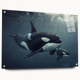 Acrylic wall art featuring a vibrant orca design from the Marine Life collection, showcasing intricate details and colors, displayed with stylish pins for a modern look.