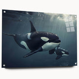 Acrylic wall art featuring a vibrant orca design from the Marine Life collection, showcasing intricate details and colors, displayed with stylish pins for a modern look.