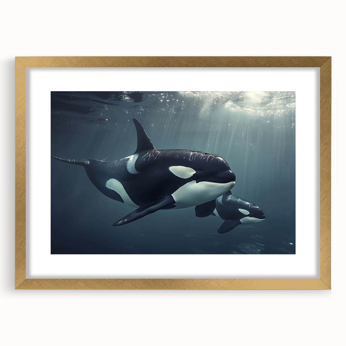 Gold-framed wall art featuring a vibrant orca design from the Marine Life collection, showcasing intricate details and vivid colors, perfect for ocean enthusiasts.