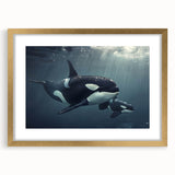 Gold-framed wall art featuring a vibrant orca design from the Marine Life collection, showcasing intricate details and vivid colors, perfect for ocean enthusiasts.