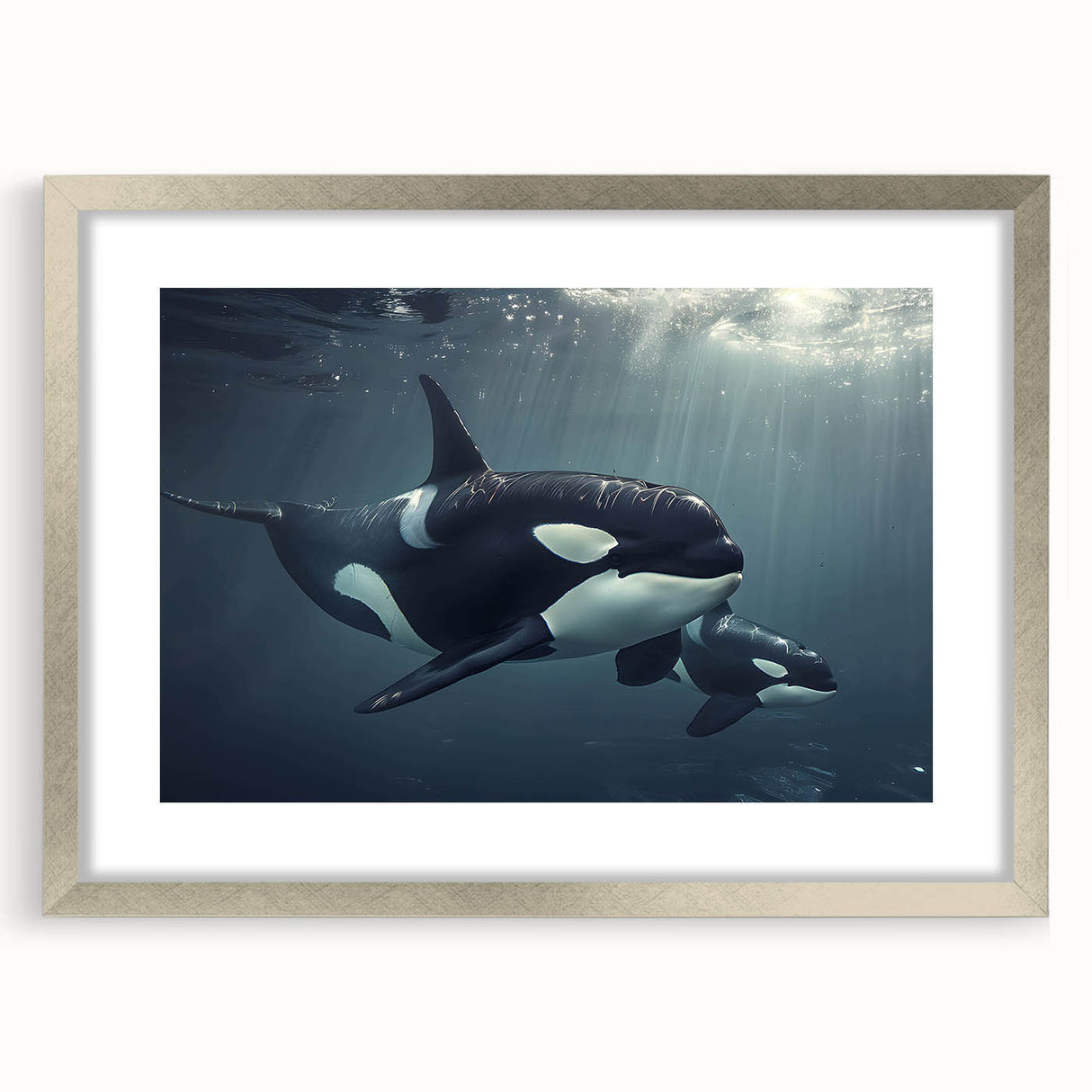 Framed wall art showcasing a striking orca design with a silver frame and matting, perfect for marine life enthusiasts, adding elegance to any space.