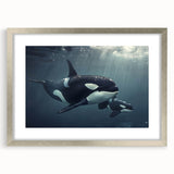 Framed wall art showcasing a striking orca design with a silver frame and matting, perfect for marine life enthusiasts, adding elegance to any space.