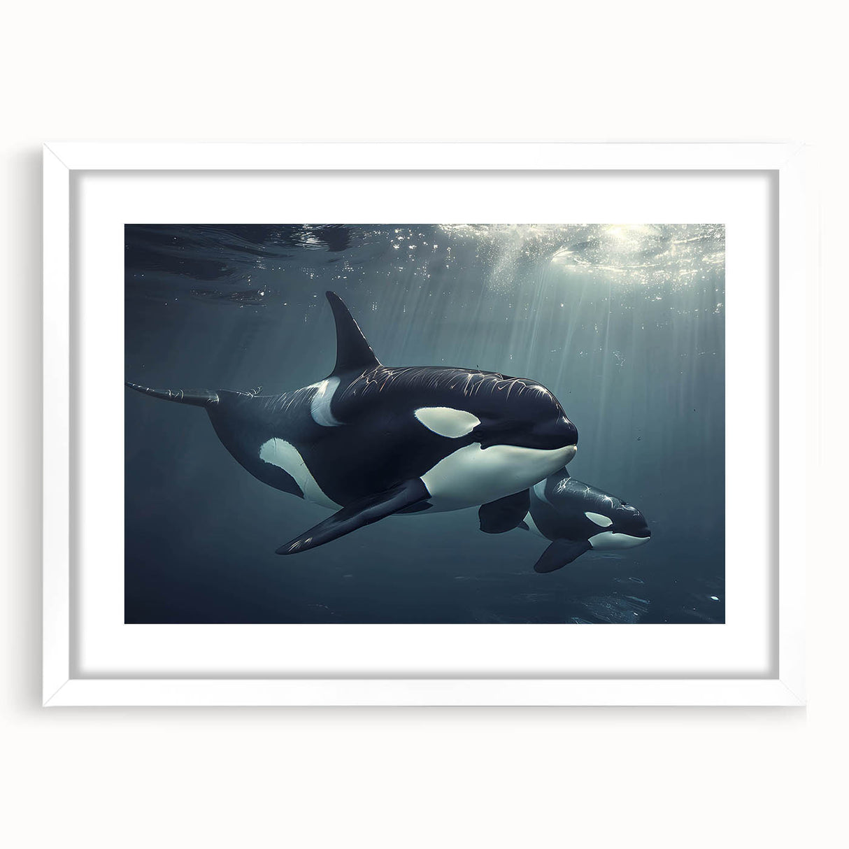 Framed wall art showcasing a stunning orca design, featuring intricate marine life details against a white mat background, perfect for ocean-themed decor.