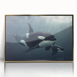 Framed acrylic wall art showcasing a striking orca design in a gold frame, perfect for marine life enthusiasts, enhancing any interior decor with elegance.