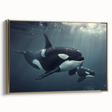 Framed wall art featuring a stunning orca design in vibrant colors, elegantly presented with a gold frame, perfect for marine life enthusiasts and home decor.