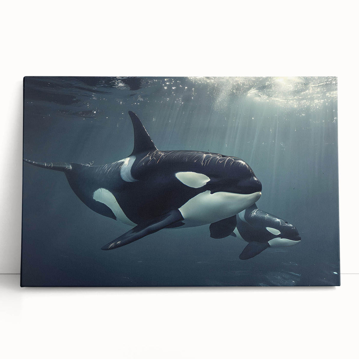 Stretched canvas wall art featuring a striking orca design, showcasing vibrant colors and intricate details, perfect for marine life enthusiasts and home decor.