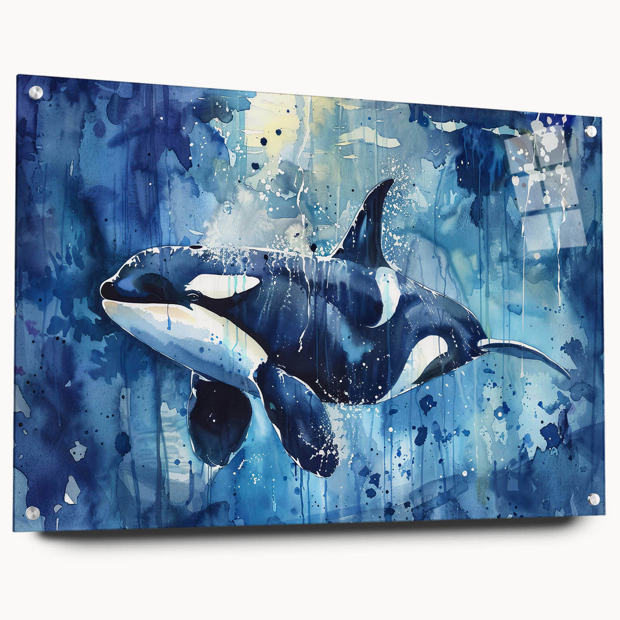 Acrylic wall art featuring a striking orca marine life design, displayed from a side view with decorative pins, showcasing vibrant colors and intricate details. Perfect for ocean-themed decor enthusiasts.