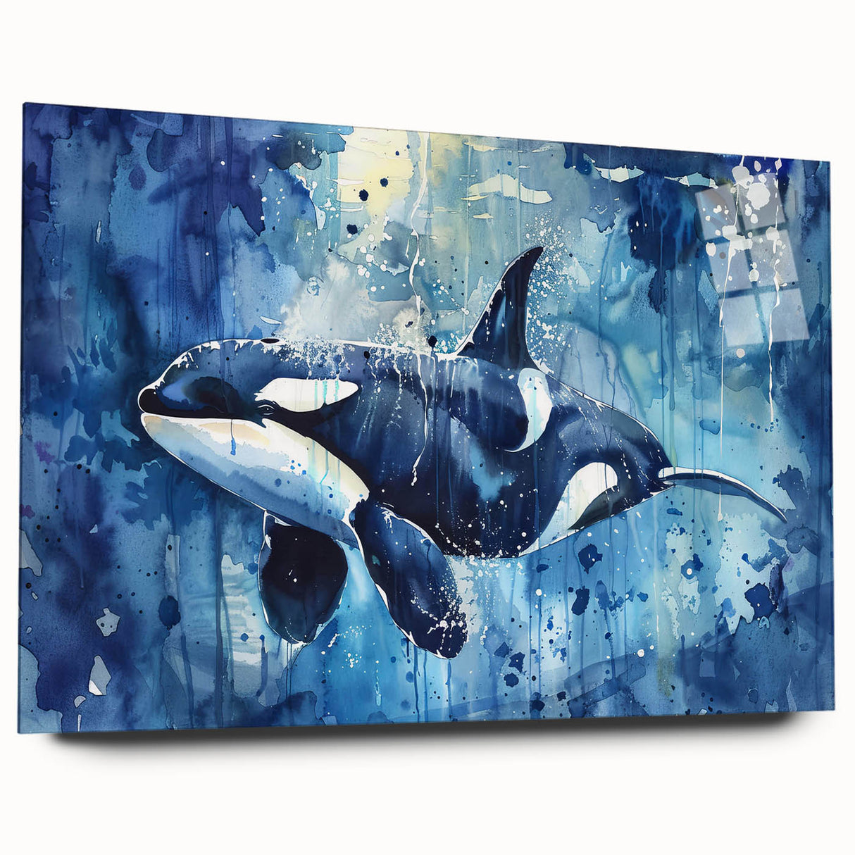 Orca-themed wall art design displayed in an acrylic frame, showcasing vibrant marine life colors and intricate details, perfect for ocean-inspired decor.