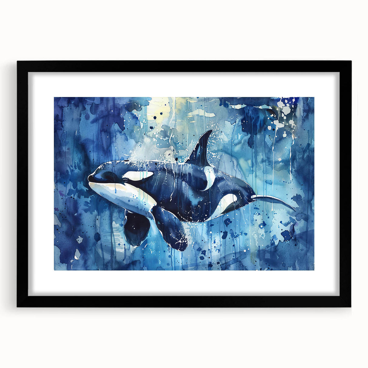 Orca-themed wall art collection framed in black, featuring vibrant marine life design with a white mat, ideal for ocean lovers and home decor enthusiasts.
