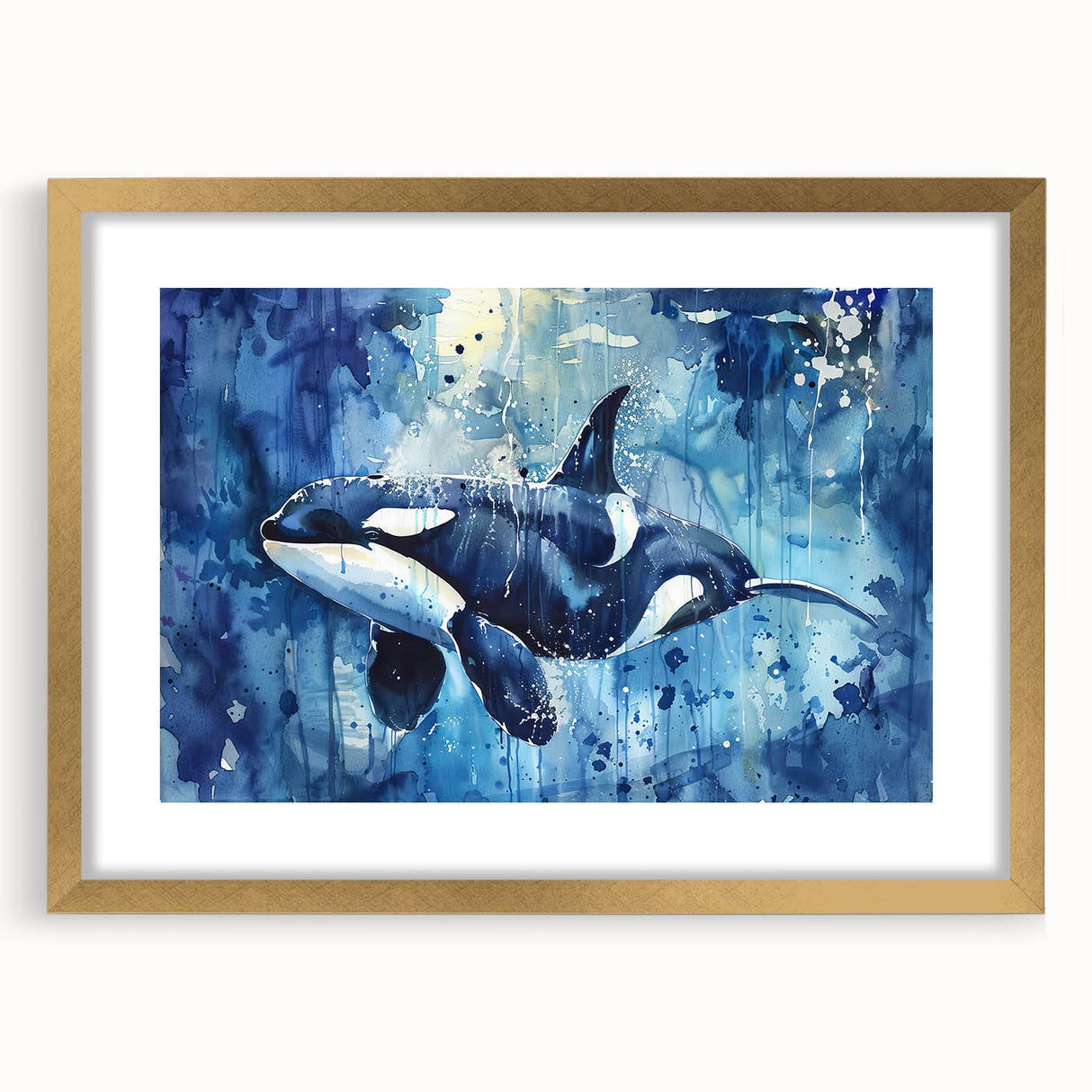 Orca design wall art print featuring vibrant marine life colors, framed in gold with a mat, ideal for enhancing coastal-themed decor and ocean-inspired spaces.