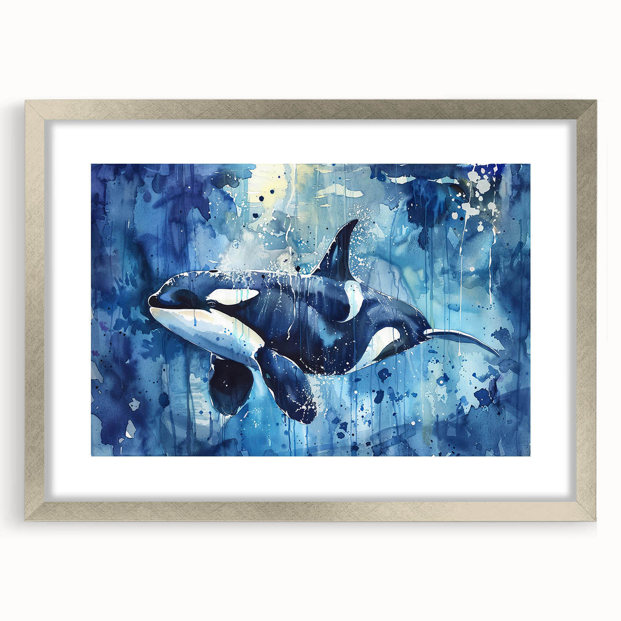 Framed marine life wall art featuring a striking orca design in silver, showcasing vibrant colors and intricate details, perfect for ocean-themed decor.
