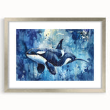 Framed marine life wall art featuring a striking orca design in silver, showcasing vibrant colors and intricate details, perfect for ocean-themed decor.