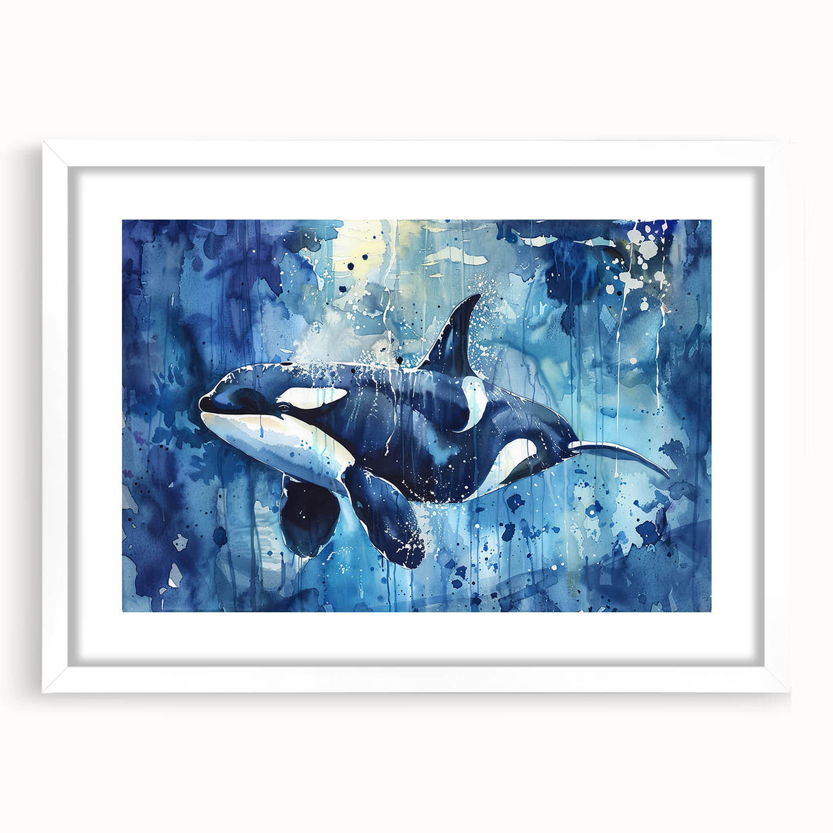 Orca-themed wall art design framed in white, showcasing marine life with vibrant colors and intricate details, perfect for enhancing ocean-inspired decor.