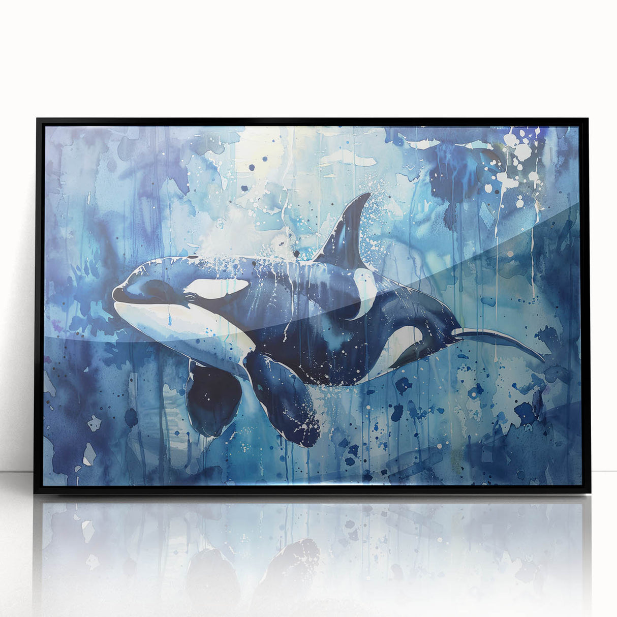 Framed acrylic wall art featuring a striking orca design, showcasing vibrant marine life colors against a sleek black frame, perfect for ocean-themed decor.