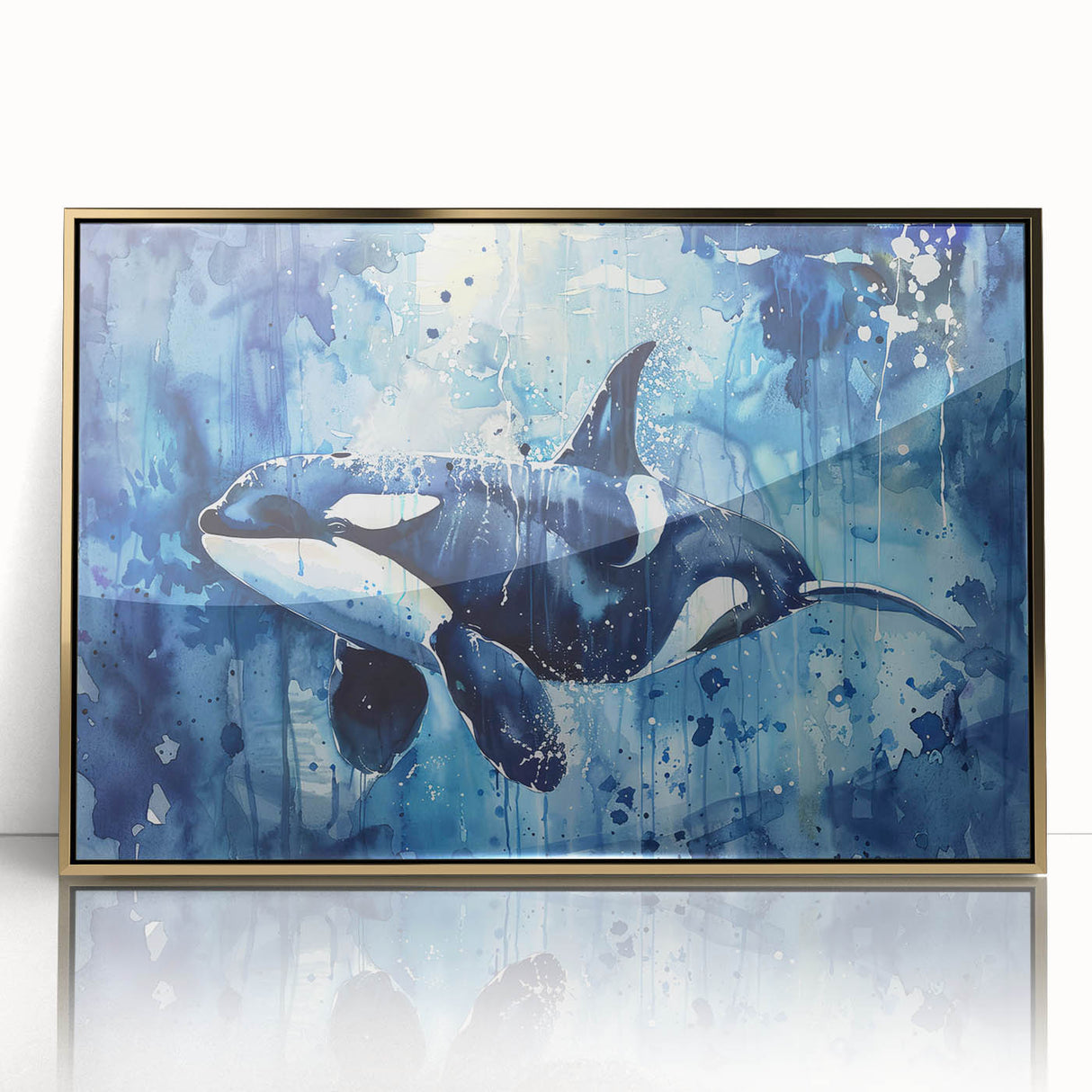Framed acrylic wall art showcasing a stunning orca design with a gold frame, ideal for marine life enthusiasts. Captivating colors and intricate details enhance any decor.