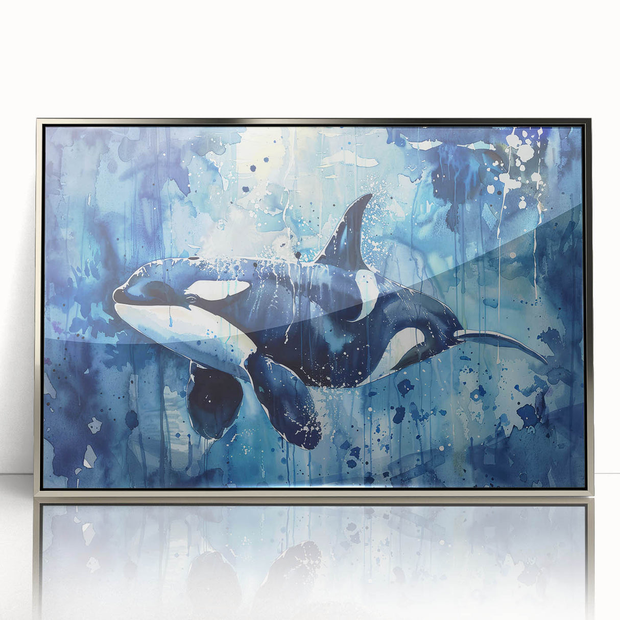 Framed acrylic wall art showcasing a striking orca design, featuring vibrant marine life colors, sleek silver frame, perfect for ocean-themed decor.