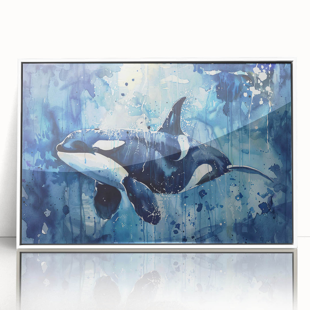 Framed wall art featuring a striking orca design in vibrant colors, presented in a sleek white frame, perfect for marine life enthusiasts and modern decor.