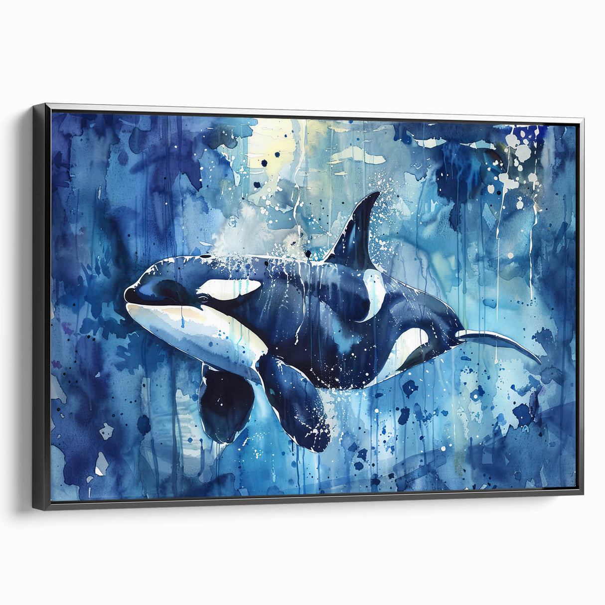 Framed wall art showcasing a striking orca design against a black background, highlighting marine life aesthetics. Ideal for ocean-themed decor in modern interiors.