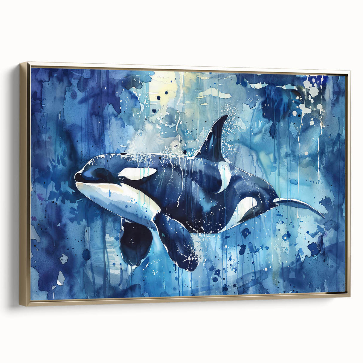 Framed canvas wall art showcasing a stunning orca design with vibrant marine life in gold accents, perfect for ocean-themed decor in living spaces.