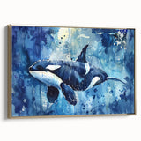 Framed canvas wall art showcasing a stunning orca design with vibrant marine life in gold accents, perfect for ocean-themed decor in living spaces.