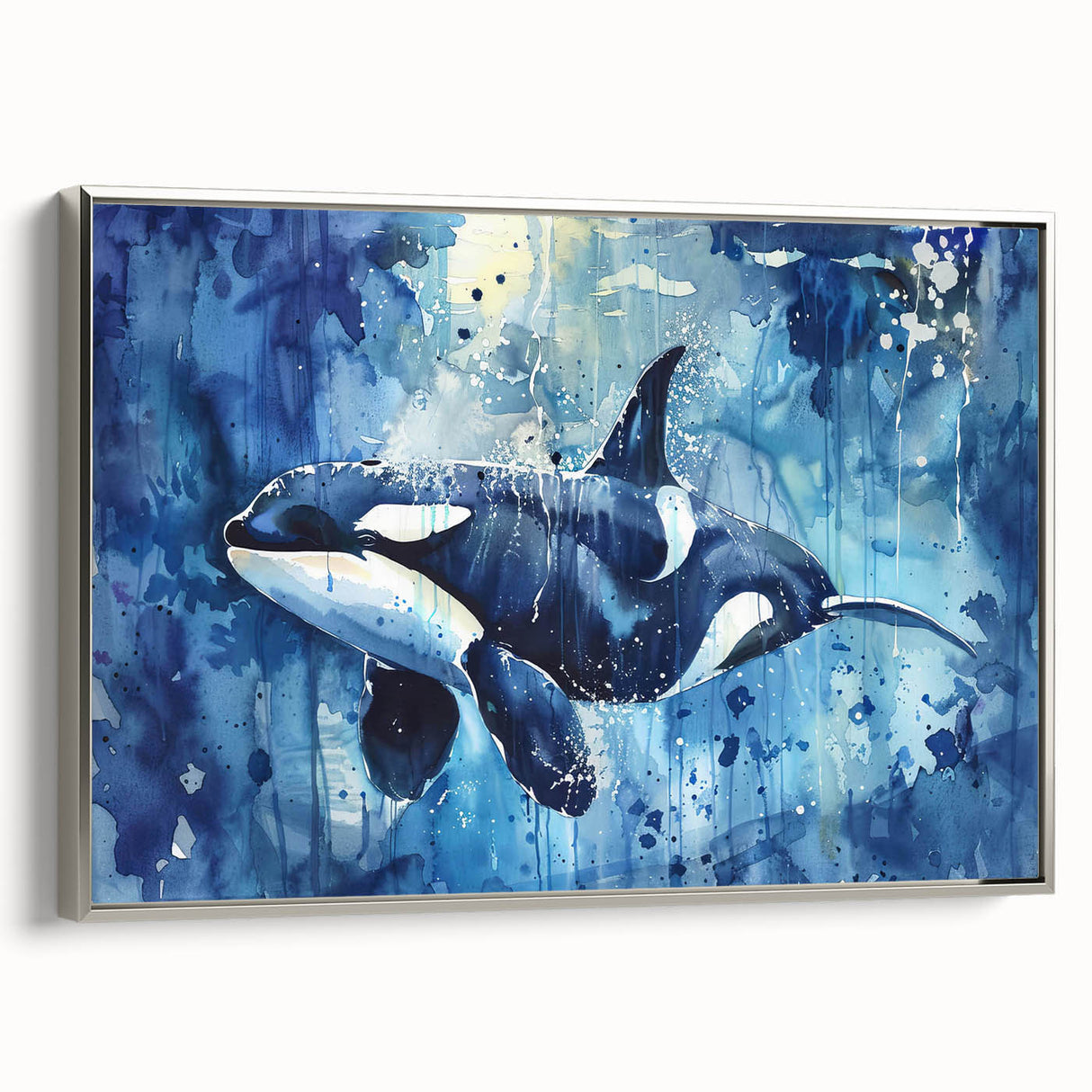 Framed wall art featuring a stunning orca design in vibrant colors, showcasing marine life with a sleek silver frame, perfect for ocean-themed decor.