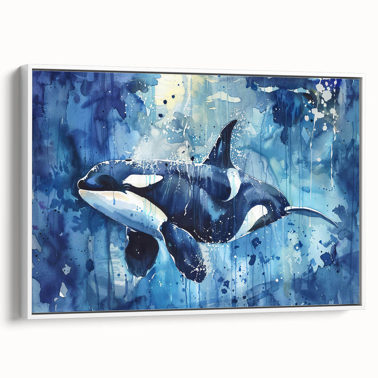 Framed wall art featuring a striking orca design on a white canvas, perfect for marine life enthusiasts, showcased from a side view to highlight its elegant presentation.