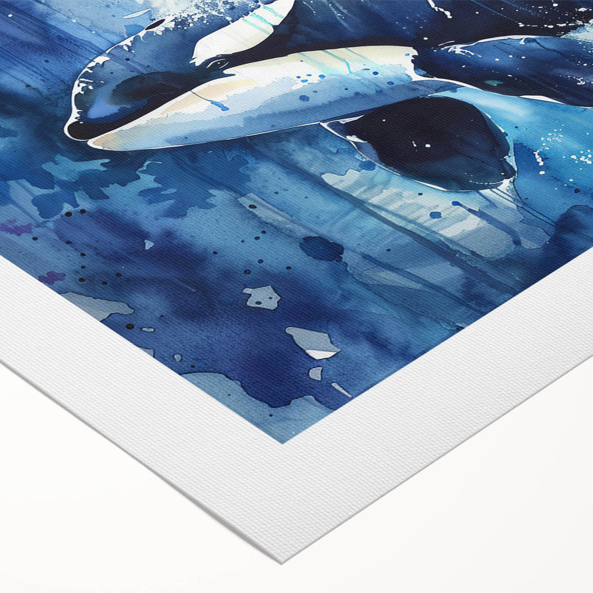 Rolled canvas print showcasing a vibrant orca design inspired by marine life, featuring bold colors and intricate details, perfect for ocean-themed decor.