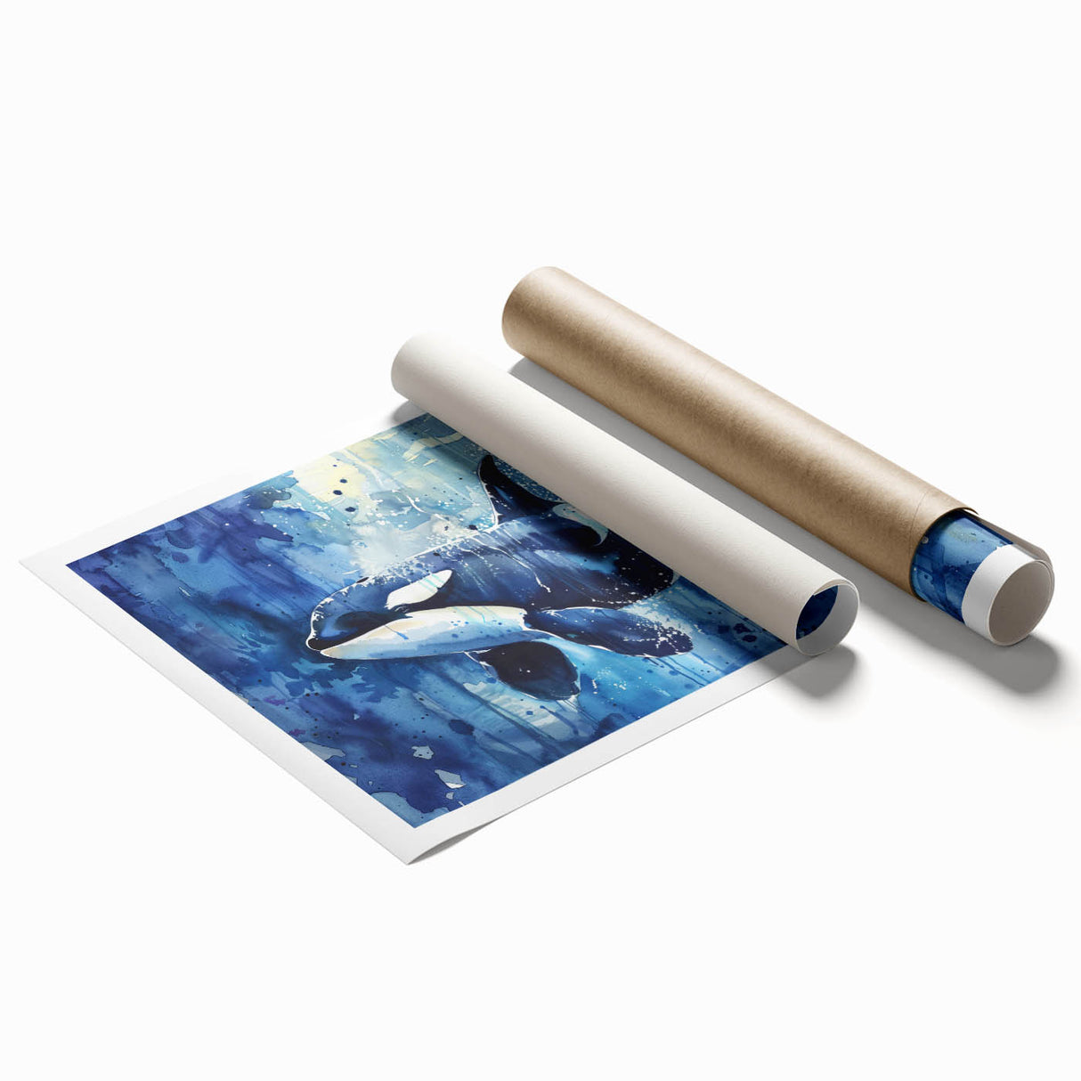 Orca wall art print showcasing vibrant marine life design in bold colors, perfect for ocean-themed decor. Ideal for enhancing living spaces with a touch of nature.