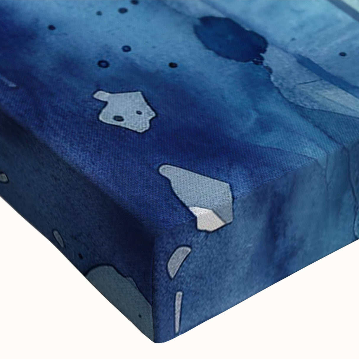 Close-up view of a vibrant stretched canvas wall art featuring an orca whale design, showcasing detailed marine life colors on a textured surface, perfect for ocean-themed decor.