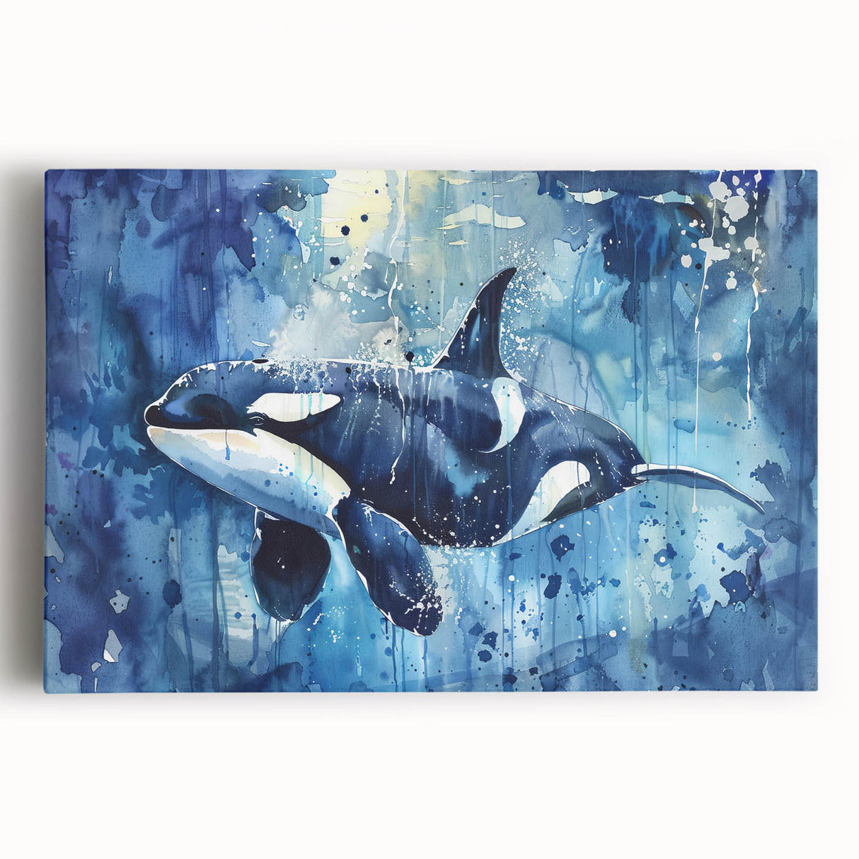 Orca wall art design on stretched canvas showcasing a vibrant marine life scene with deep blue hues, perfect for ocean-themed decor.