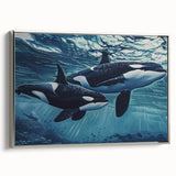 Framed wall art featuring a striking orca design with vibrant colors, set against a sleek silver border, perfect for marine life enthusiasts and modern decor.