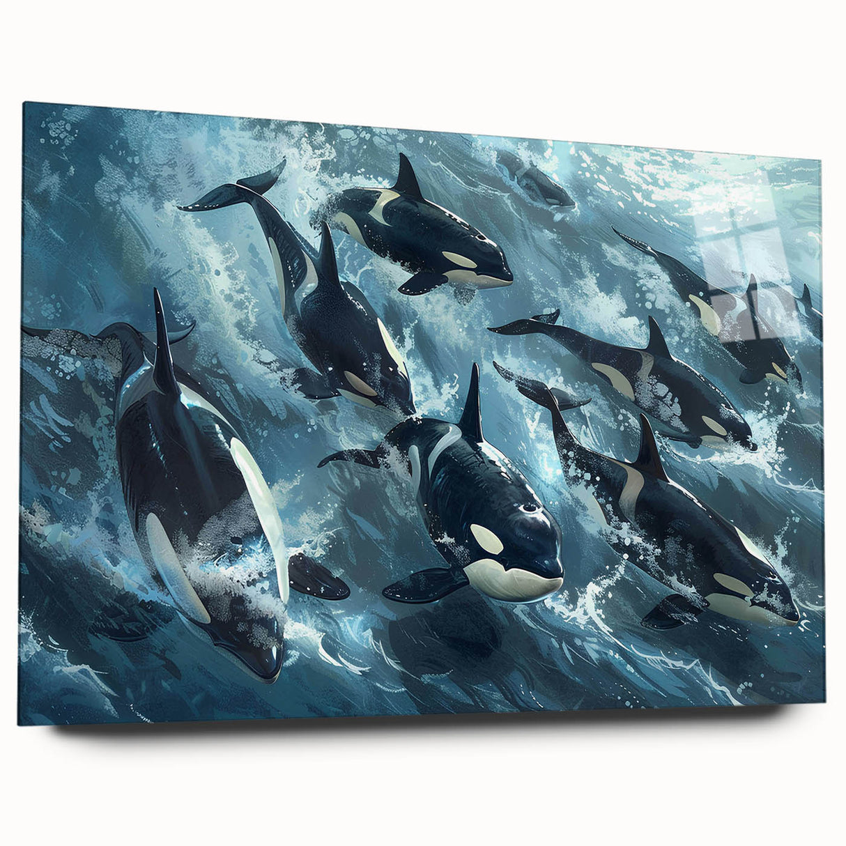 Acrylic wall art showcasing a stunning side view of a marine life orca design, featuring vibrant colors and intricate details, perfect for ocean-themed decor.