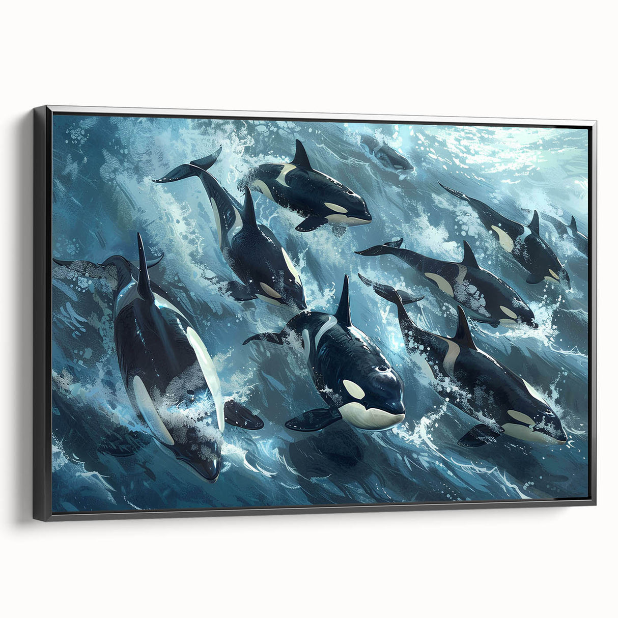 Framed canvas wall art featuring a striking orca design, showcasing intricate marine life details in vibrant colors against a black background, perfect for ocean enthusiasts.