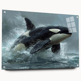 Side view of a marine life-themed wall art collection featuring an orca design, crafted from acrylic glass, showcasing vibrant colors and elegant pins for easy hanging.