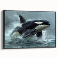 Framed canvas wall art featuring a striking orca design in vibrant colors, showcased from a black side view, perfect for marine life enthusiasts.
