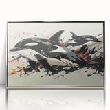 Framed acrylic wall art featuring a stunning orca design, showcasing vibrant marine life with a silver frame, ideal for ocean-themed decor.