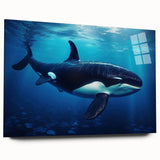 Side view of an acrylic glass wall art collection showcasing a vibrant orca design, perfect for marine life enthusiasts. The artwork features rich colors and intricate details, ideal for enhancing home decor.