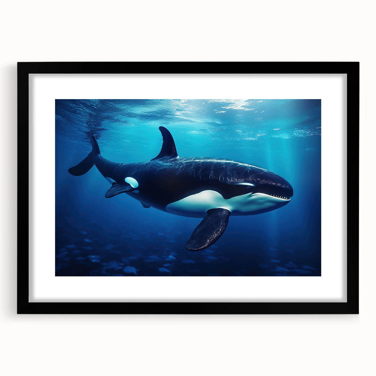 Framed wall art collection showcasing a striking orca design, featuring a black mat and sleek black frame, perfect for marine life decor enthusiasts.