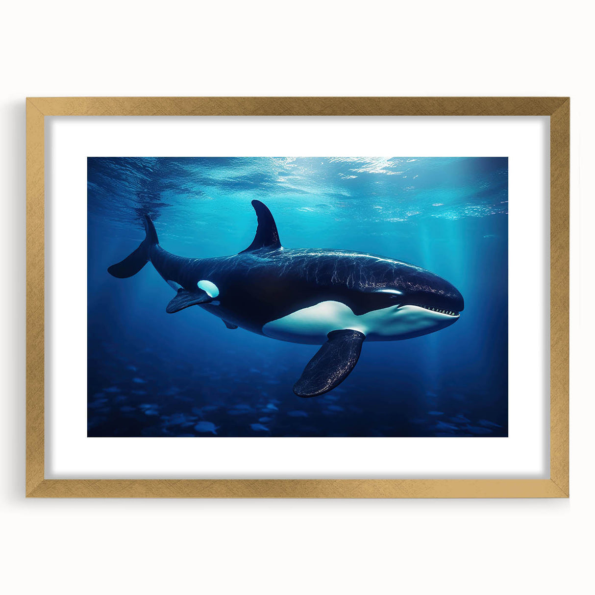 Orca wall art design framed in gold, showcasing vibrant marine life colors with a matte finish, perfect for ocean-themed decor in living spaces.