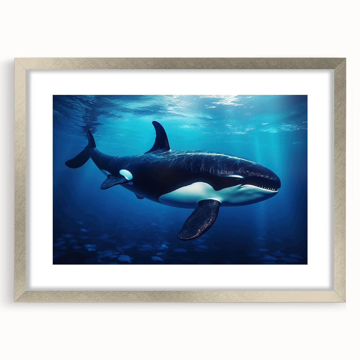 Framed wall art featuring a striking orca design, set in a silver frame with a mat, showcasing marine life aesthetics perfect for ocean-themed decor.