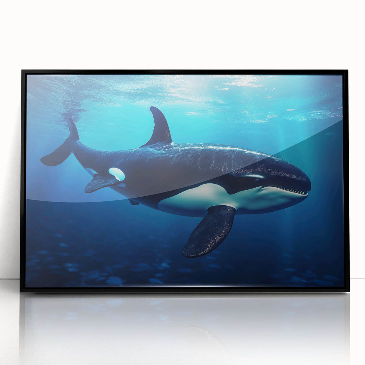 Framed acrylic wall art showcasing a stunning orca design, featuring intricate marine life details, set against a sleek black frame for a modern touch. Ideal for ocean-themed decor enthusiasts.