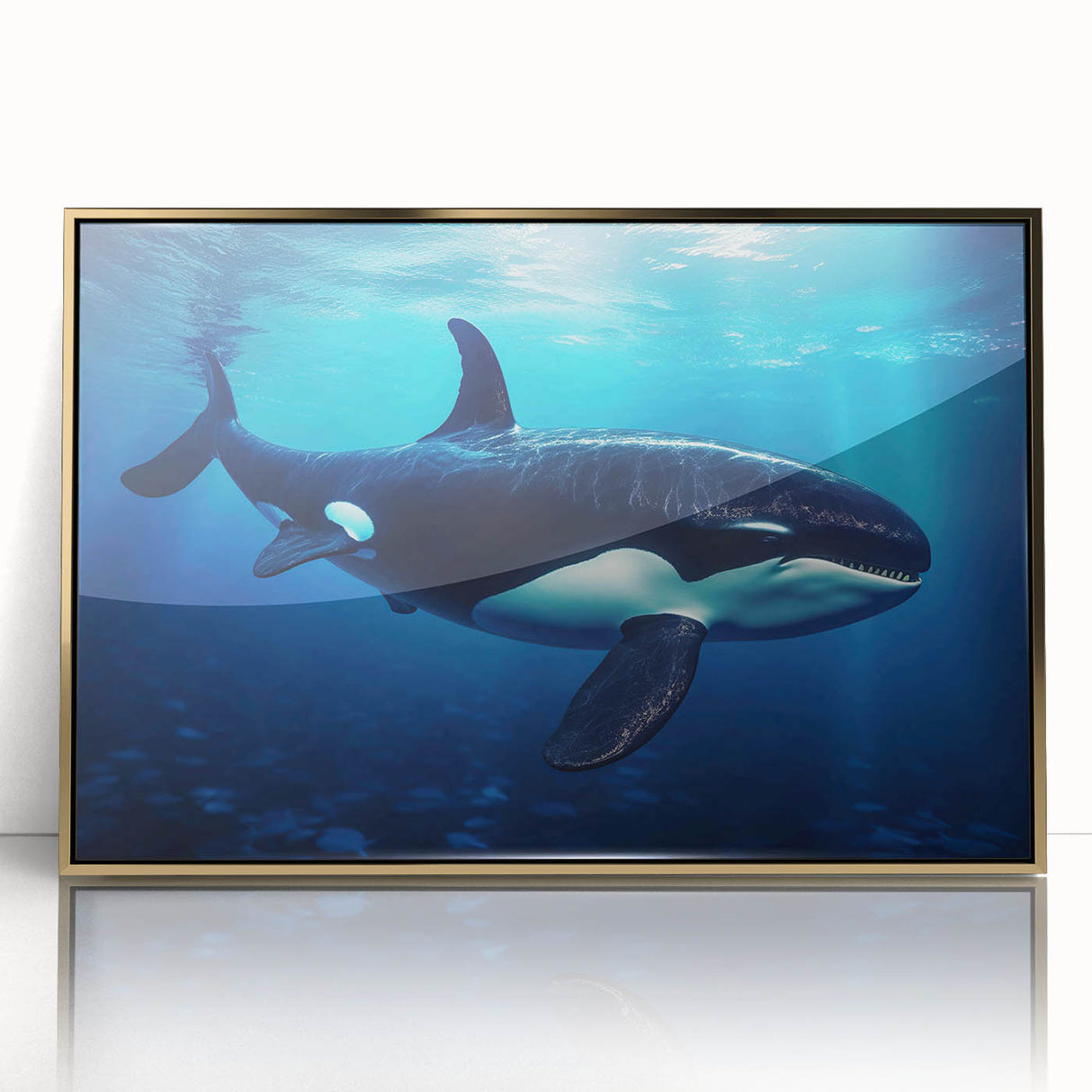 Framed wall art featuring a stunning orca design set against a marine life backdrop, elegantly encased in a gold frame, perfect for ocean-themed decor.